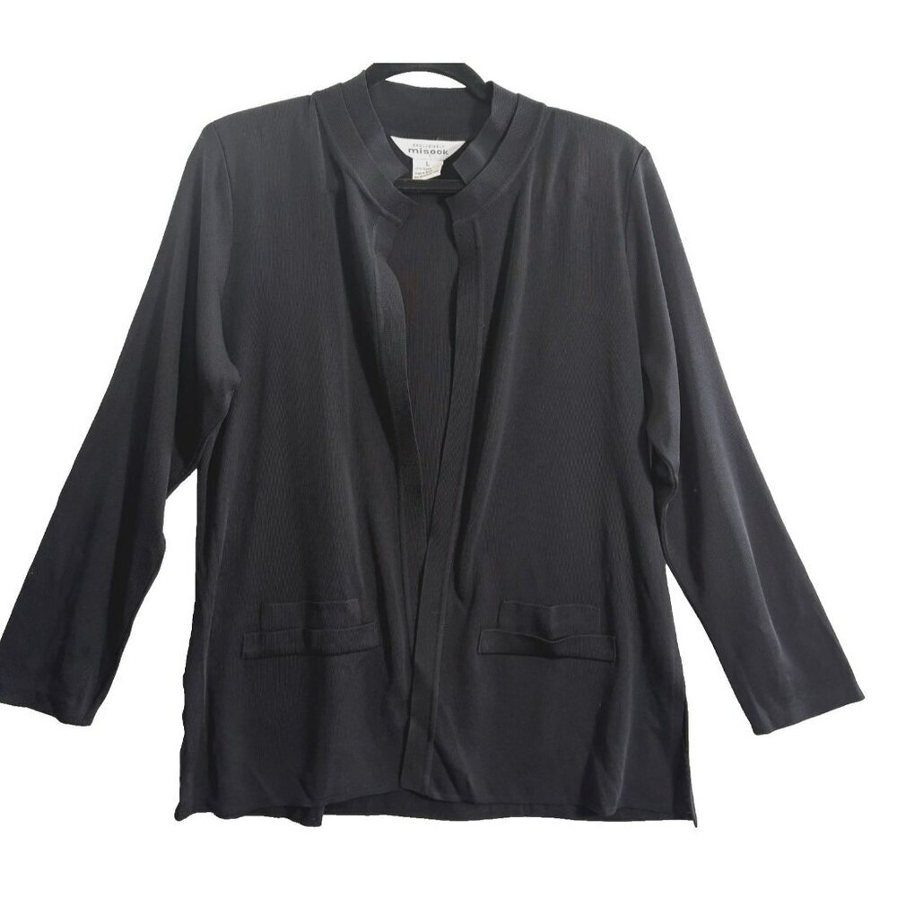 MISOOK‎ Women Cardigan Jacket Sz L Black Open Front Shoulder Pads Office 82-18